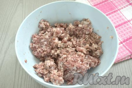 Для получения фарша пропускаем мясо (у меня - свинина) через мясорубку в глубокую миску. Безусловно, можно взять и покупной фарш.