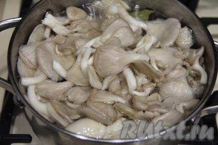 Как только маринад закипит, выложить в него подготовленные вешенки, аккуратно перемешать.