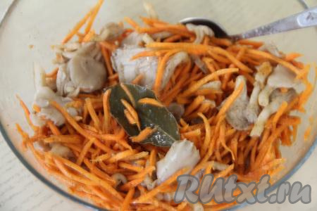 Перемешать морковь с вешенками, я добавила ещё лавровый лист, с которым варились грибы. Накрыть миску крышкой и отправить мариноваться на ночь в холодильник. В процессе маринования можно несколько раз перемешать закуску.