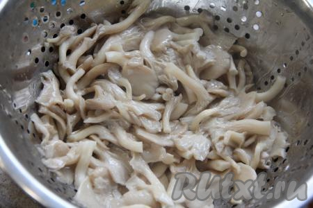 Варить вешенки в маринаде с момента закипания на небольшом огне 20 минут. Затем откинуть грибы на дуршлаг, лишней жидкости дать стечь. Дать вешенкам остыть.