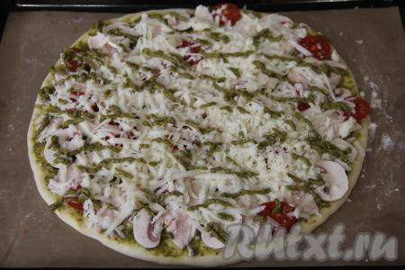 Отложенный соус песто нанести поверх сыра в виде полосок (я выложила песто в кулинарный мешок и нарисовала полоски поверх сыра).&nbsp;