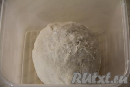 Добавляя понемногу муку и вмешивая её, учитывайте, что дрожжевое тесто для пиццы должно получиться мягким, нежным, почти не липнущим к рукам. Как только добились такой консистенции теста, значит больше добавлять муку не нужно. В общей сложности вымешивать тесто руками нужно не менее 5-7 минут. Сформировать из теста колобок, выложить в лоток (или миску), накрыть полотенцем и оставить в тёплом месте, без сквозняков, на 1 час, чтобы тесто поднялось.