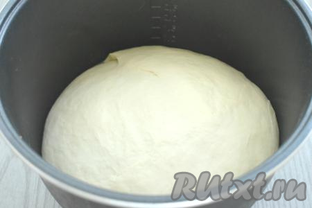 Миску с замешанным тестом накрываем полотенцем и оставляем в тёплом месте на 1 час. За это время тесто увеличится в 2 раза. Поднявшееся тесто обминаем, накрываем полотенцем и оставляем в тепле ещё на 30 минут (тесто снова должно хорошо увеличиться в объёме).