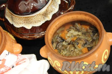 Поставить горшочки с перловкой и грибами в духовку, разогретую до 180 градусов, на 1 час (до мягкости перловки).