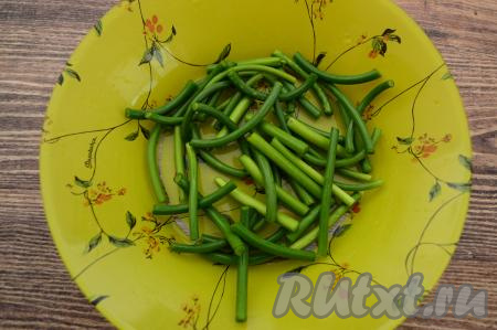 Нарезать чесночные стрелки на кусочки длиной 4-5 сантиметров, выложить в тарелку, добавить щепотку соли, перемешать.