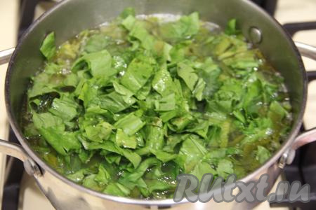 Щавель промыть водой, нарезать на кусочки. После того как картошка сварится до готовности (будет легко прокалываться вилкой), добавить в кастрюлю жареный лук и щавель, дать закипеть, варить на небольшом огне 5 минут.&nbsp;