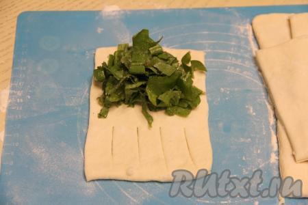 Начинку из щавеля, смешанного с сахаром, зрительного разделить на 8 частей (по количеству заготовок из теста). Выложить 1 часть щавелевой начинки на сторону теста без разрезов, не забывая отступать от краёв по 1-1,5 сантиметра.&nbsp;