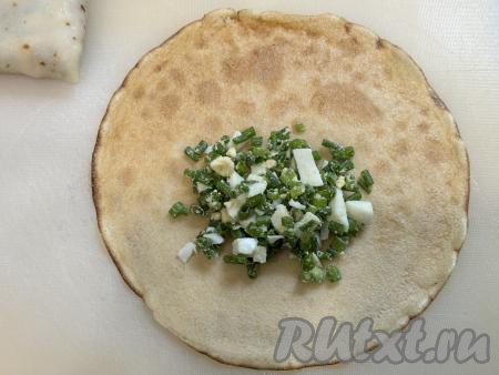 Выложить в центр блина 2 столовых ложки начинки.&nbsp;