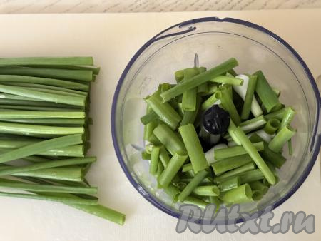 Измельчить лук можно в измельчителе или в мясорубке. Я измельчала в небольшом измельчителе и у меня весь лук сразу не поместился, я выкладывала его по частям.&nbsp;Выложить первую партию нарезанного лука в чашу измельчителя.