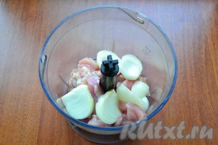Куриное мясо нарезать на кусочки, поместить вместе с очищенным и нарезанным луком в чашу блендера.