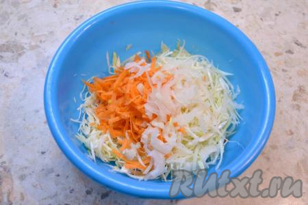 Очищенную морковь, натертую на крупной терке, и очищенный лук, нарезанный тонкими полукольцами, добавить к капусте.