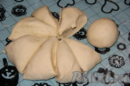 Тесто выложить на рабочую поверхность, припылённую мукой, и разделить тесто на 8 частей.