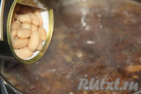 Добавить лук с крупой и фасоль (консервированную или предварительно сваренную до готовности) в кастрюлю с грибами. Варить грибной суп в течение 10 минут. Затем посолить супчик по вкусу, накрыть крышкой, снять с огня и дать настояться в течение 20 минут.