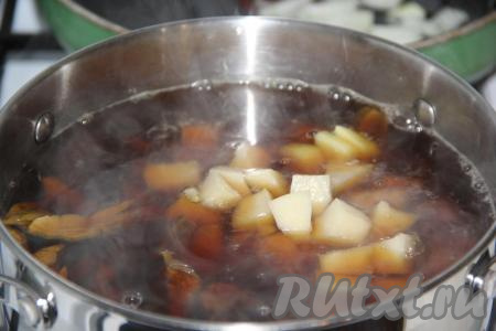 В кастрюлю с грибами выложить нарезанный картофель и варить на небольшом огне 15 минут.