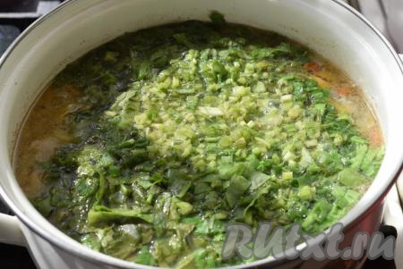 Щавель и зелень кладем в кипящий суп, варим до закипания.