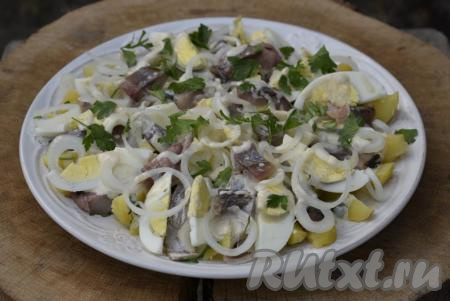 Сверху присыпаем салат оставшейся петрушкой и выкладываем колечки маринованного лука.