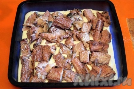 В форму (тут силиконовая) вылейте половину теста и выложите кусочки рыбы.