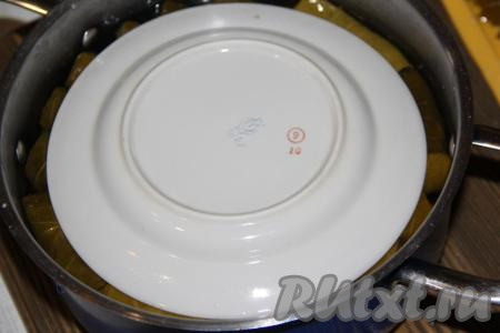 Влить в кастрюлю воду и накрыть тарелкой донышком вверх. Слегка надавить, вода должна полностью покрыть долму. Накрыть кастрюлю крышкой и варить долму с момента закипания минут 50. Огонь после закипания нужно убавить и томить долму под крышкой.