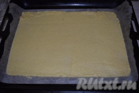 Готовое тесто достаем из холодильника и приступаем к формированию тертого песочного печенья. Для этого больший кусок теста раскатываем в пласт на пергаменте, выкладываем пергамент с тестом на противень.