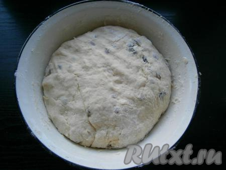 Далее всыпать оставшуюся муку, замесить тесто, которое будет довольно липким. Обсыпать тесто мукой, выложить в миску, накрыть пленкой и оставить для подхода на 1,5-2 часа в тепле.