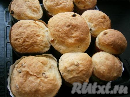 Выпекать куличи в предварительно разогретой до 180 градусов духовке от 30 до 50 минут, в зависимости от размера формочек.