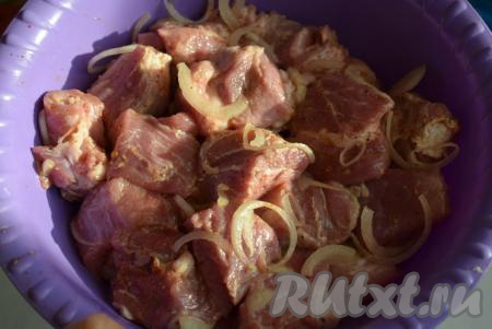 Оставить мясо мариноваться не менее чем на 4-5 часов. Я ставлю мясо мариноваться на ночь в холодильник, а на следующий день жарю шашлык. Если вам надо пожарить мясо в тот же день, когда вы его нарезали и поставили мариноваться, то в холодильник его не ставьте, при комнатной температуре оно быстрее замаринуется.