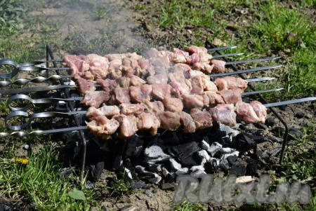Хорошо промариновавшееся мясо нанизываем на шампуры и отправляем жариться над хорошо прогоревшим костром, в котором уже нет огня, а остались только сильно горячие угли.
