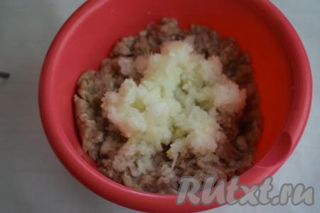 К получившемуся фаршу добавим очищенный лук, прокрученный в измельчителе или мясорубке.