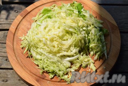 Нарезаем тонко капусту (для этого блюда просто идеально подойдет молодая свежая капуста, но и из обычной капусты будет очень вкусно, только шинковать ее надо будет потоньше). Кабачок натираем на терке, присаливаем, оставляем его на 10 минут, для того чтобы он пустил сок, затем отжимаем от лишнего сока.