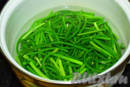 Подготовленные нарезанные чесночные стрелки опускаем в кипящую воду и доводим до закипания.