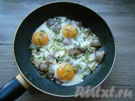 Когда белки яиц хорошо свернутся (побелеют), прикрыть сковороду крышкой и подержать на небольшом огне яичницу еще минуту. Затем крышку убрать, газ выключить, немного&nbsp;посолить и поперчить яичницу, посыпать измельченным зеленым луком (если у вас свежее сало, то подсолите чуть больше).