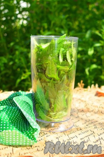 С обсушенных веточек обрываем листочки (грубые веточки нам не понадобятся) и складываем в стакан погружного блендера.