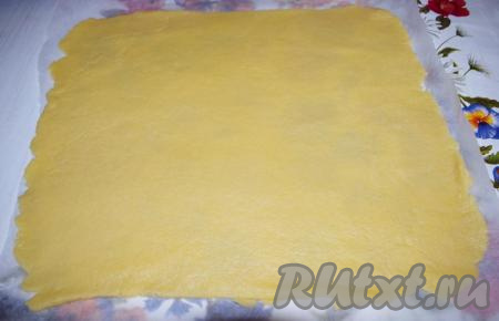 Раскатываем тесто в пласт на пергаментной бумаге по размеру формы для выпечки (я выпекала пирог на противне и раскатала тесто по всему периметру противня).