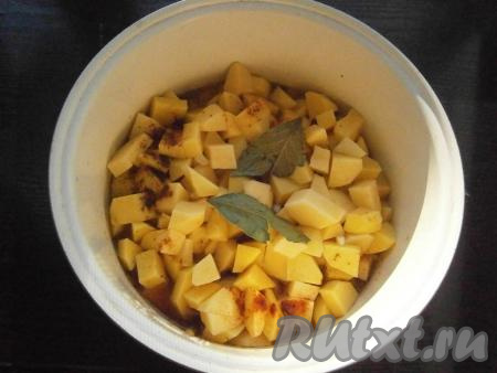 Затем добавить картофель, соль, паприку, черный перец и немного любых специй, нарезанный чеснок и лавровые листья. Влить горячую воду.