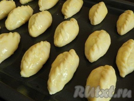 Пирожки выложить на противень и смазать желтком.