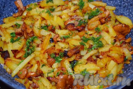 К готовому блюду добавляем зелень,&nbsp;нарезанную мелко, и подаем нашу картошку,&nbsp;жареную с лисичками и луком, к столу.