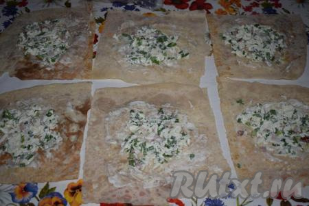 Кладем начинку на квадратики лаваша, смазанные майонезом,&nbsp;разделив начинку на 6 равных частей (по количеству квадратиков лаваша).