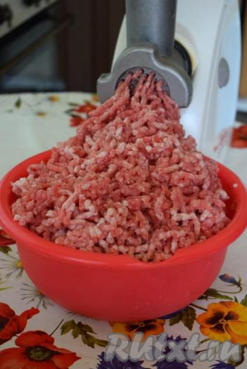 Для приготовления вкусной мясной начинки для фаршировки блинов сначала сделаем домашний фарш. Для этого пропустим мясо с очищенной луковицей через мясорубку, тщательно перемешаем получившийся фарш, посолим, поперчим и ещё раз перемешаем. Можно взять уже готовый фарш, нам понадобится, примерно, 850 грамм фарша.
