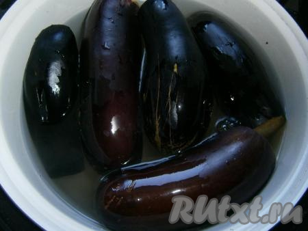 Баклажаны вымыть, удалить хвостики. В воду всыпать соль, поставить на огонь, в кипящий рассол выложить часть баклажанов и отварить их в течение 7-8 минут с момента закипания.