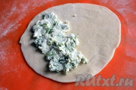 Каждый кусочек теста раскатайте в тонкую лепешку. Уложите на половину лепешки начинку.