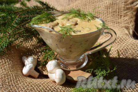 Грибной соус из шампиньонов со сливками переливаем в соусник и подаем к столу.