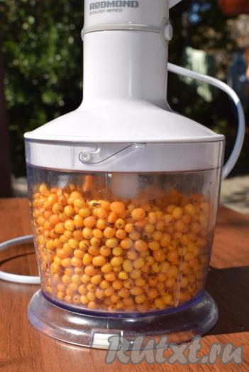 Оставить облепиху на пару минут в дуршлаге, чтобы стекла лишняя влага. Затем пересыпать ягоды в чашу блендера.