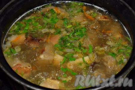 В готовый грибной суп добавляем мелко нарезанную зелень и выключаем огонь. Даем настояться супу, прикрыв его крышкой, около 10 минут.