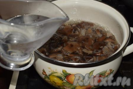 Вливаем уксус и продолжаем варить грибы в маринаде около 10 минут с момента закипания на небольшом огне, накрыв кастрюлю крышкой.