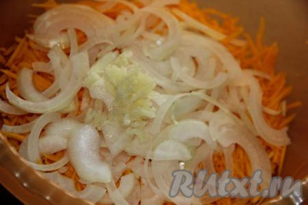 Чеснок очистить и пропустить через пресс. Добавить чеснок к тыкве и луку.