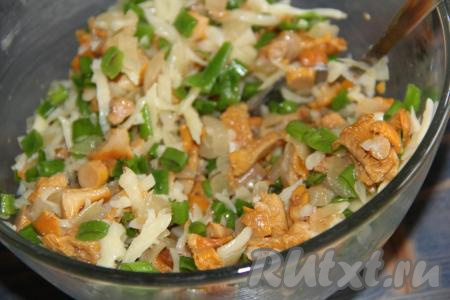 Добавить грибную начинку к сыру, перемешать, посолить по вкусу.