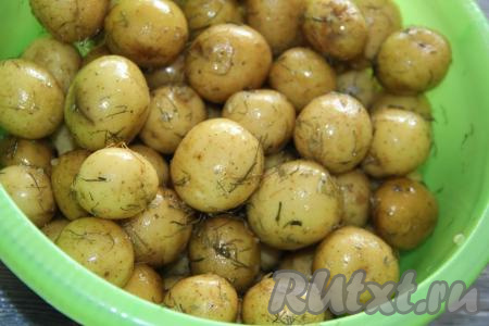 К картофелю добавить масляно-чесночную смесь и хорошо перемешать. Наши картофелины должны со всех сторон покрыться ароматным маслом.