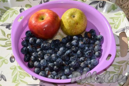 Для того чтобы приготовить на зиму вкусный компот из терна и яблок, надо тщательно перебрать терн, удаляя все растрескавшиеся, гнилые и испорченные ягоды. Перебирать терн нужно очень внимательно, потому что при попадании в компот испорченных ягодок происходит брожение и заготовка стоять не будет. В чайнике кипятим воду, даём ей немного остыть и горячей водой промываем отобранные ягоды терна.