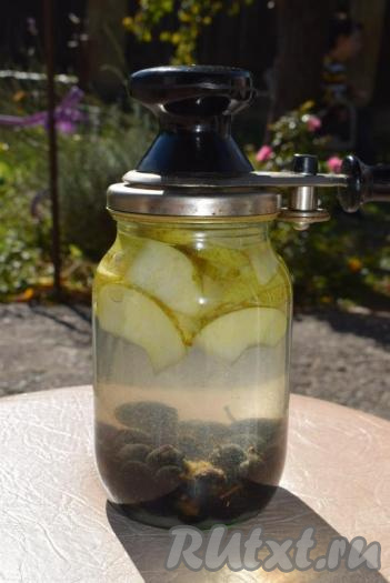 Заливаем в банку кипящую воду до самого верха, накрываем крышкой, предварительно прокипяченной в воде в течение 3-5 минут, и закатываем.