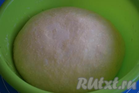 Подошедшее тесто обминаем и разделяем его на 2 равные части. Из данного количества продуктов мы будем готовить два рулета.